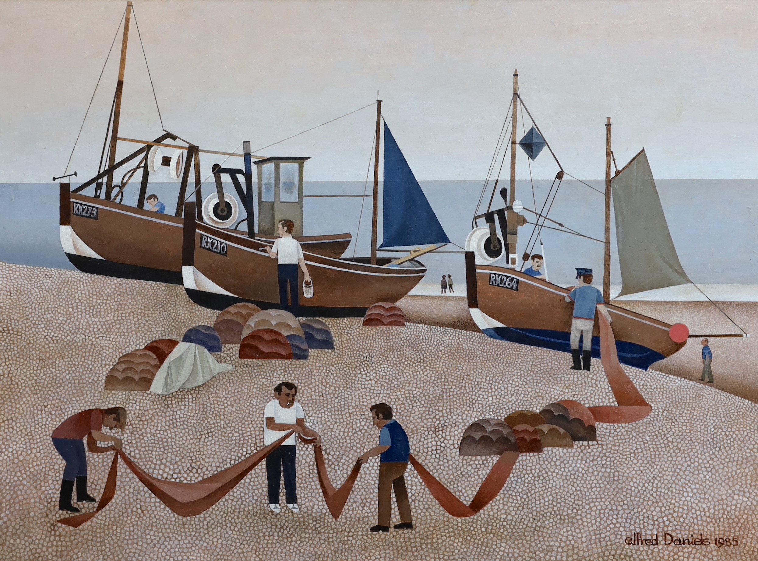 Alfred Daniels (1924-2015), 'Working Boats, Hastings', oil on board, 59 x 80cm